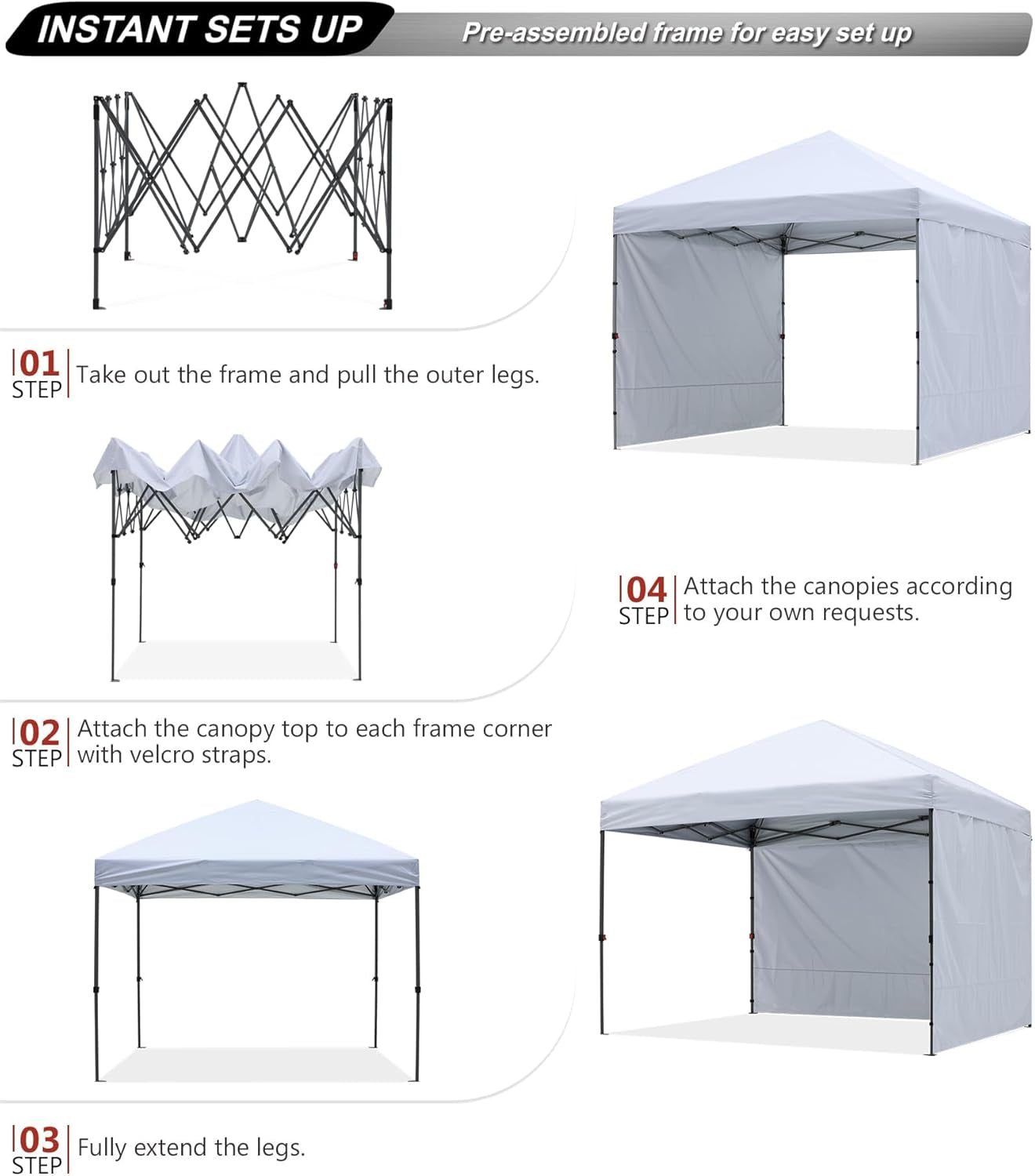 Easy Pop up Canopy Tent with 2 Sidewalls for Outdoor Sun Blocking or Rain Protection,10X10, White