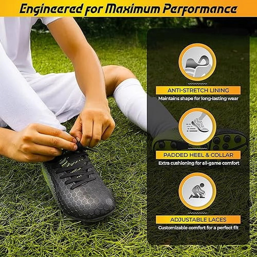 Stealth Firm Ground Soccer Cleats - Lightweight, Durable & Comfortable Youth Soccer Cleats with Excellent Traction - Boys Soccer Shoes with Padded Heel & Anti-Stretch Lining