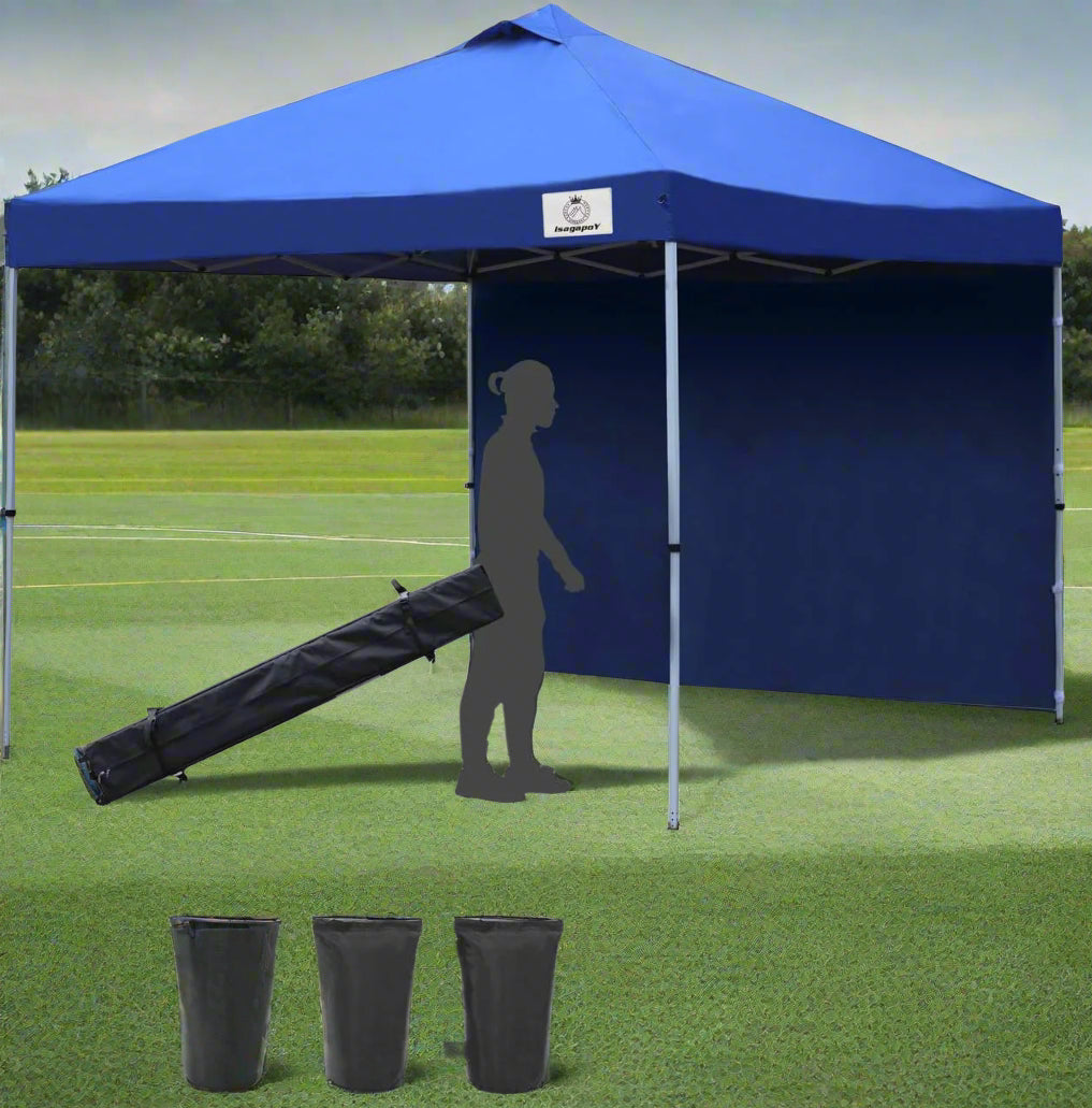ISAGAPOY Pop up 10X10 Canopy Tent Compact Canopy, Portable Shade Instant Folding Better Air Circulation Canopy with Wheeled Bag X1 Sidewall X1 Canopy Sandbags X4 Tent Stakes X4 (Blue)
