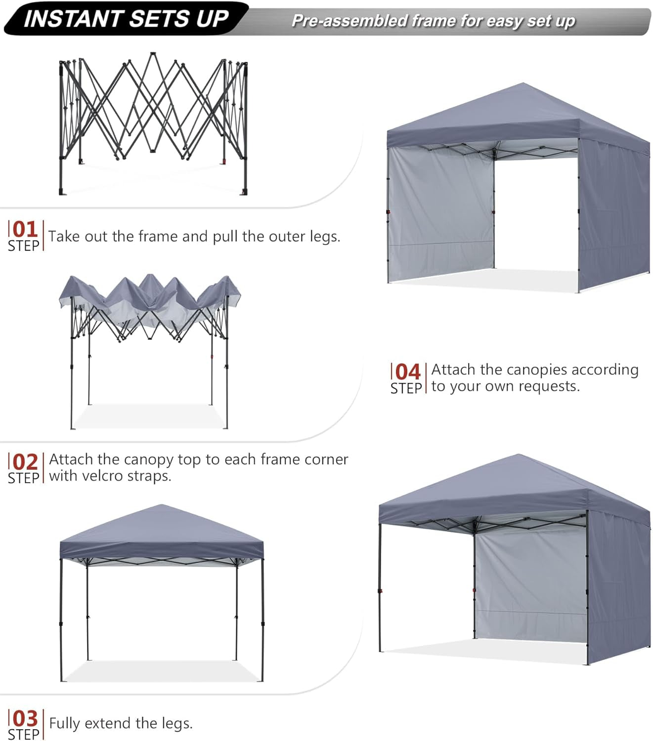 Easy Pop up Canopy Tent with 2 Sidewalls for Outdoor Sun Blocking or Rain Protection,10X10, Gray