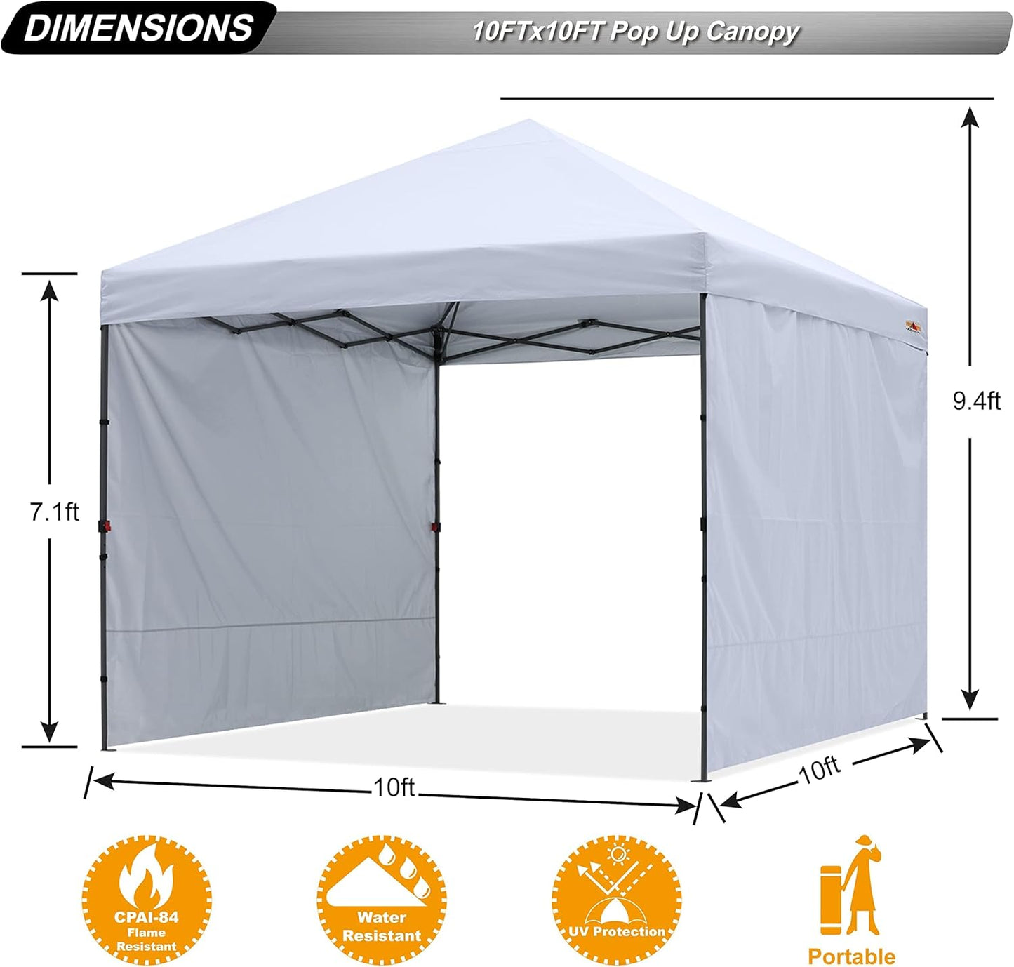 Easy Pop up Canopy Tent with 2 Sidewalls for Outdoor Sun Blocking or Rain Protection,10X10, White