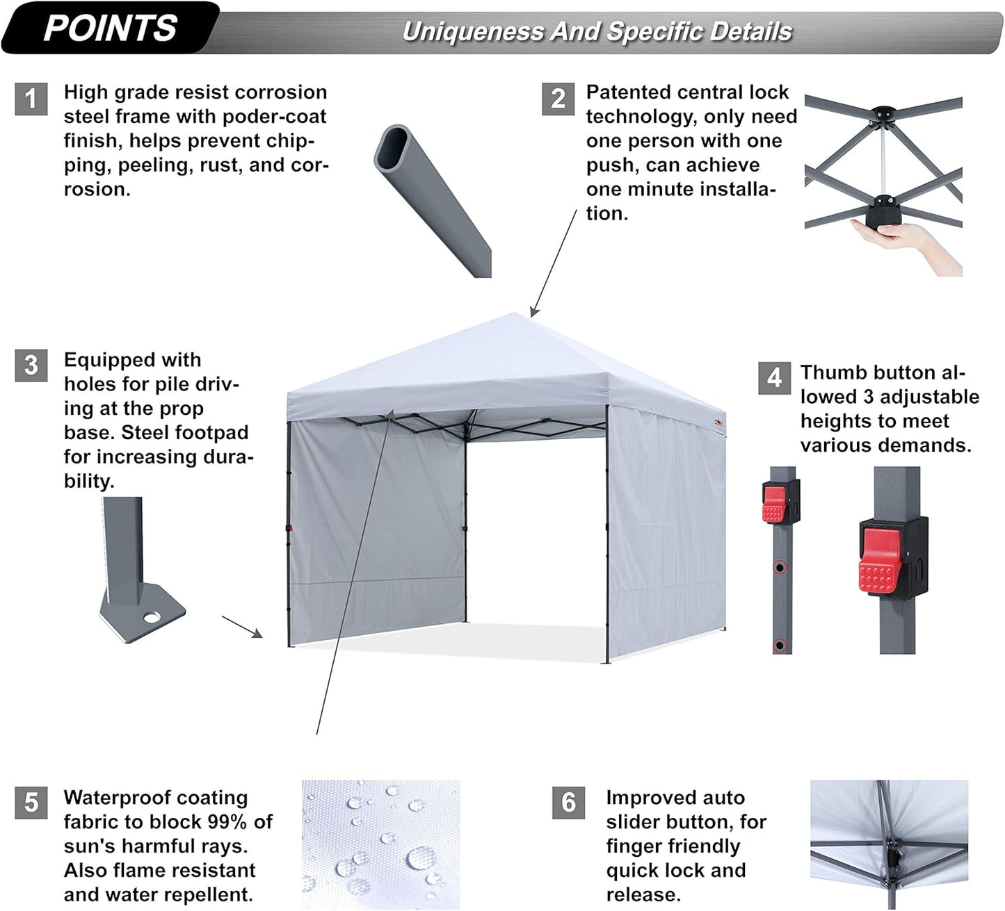 Easy Pop up Canopy Tent with 2 Sidewalls for Outdoor Sun Blocking or Rain Protection,10X10, White
