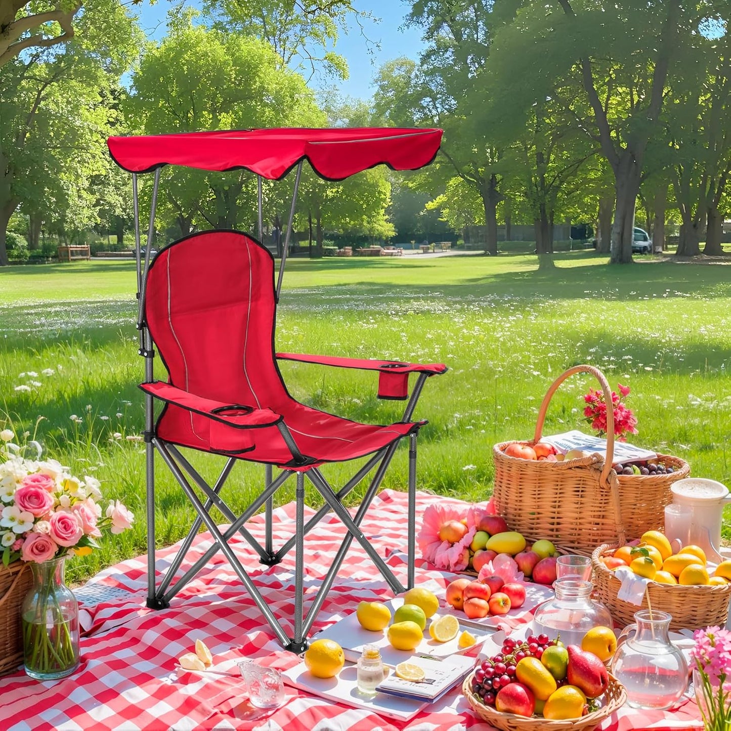 Camp Chairs with Shade Canopy Chair Folding Camping Recliner Support 350 LBS