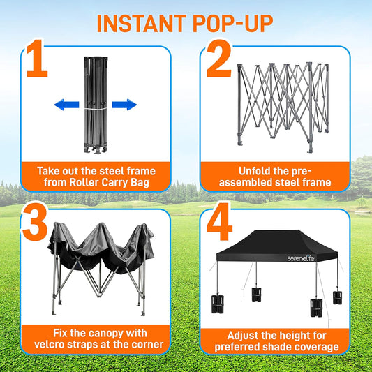 Pop up Canopy Tent 10X15 - Commercial Instant Shelter Foldable/Collapsible Sun Shade Canopy Pop up Tent W/Waterproof UV Resistant Tent Top, Portable Carry Bag & Sand Bag - SLGZ15BL (Black)