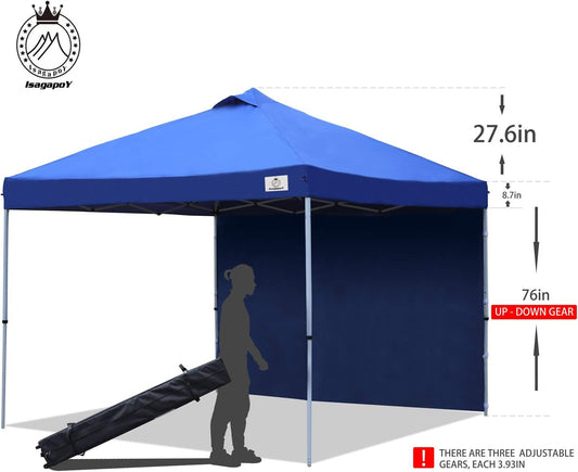 ISAGAPOY Pop up 10X10 Canopy Tent Compact Canopy, Portable Shade Instant Folding Better Air Circulation Canopy with Wheeled Bag X1 Sidewall X1 Canopy Sandbags X4 Tent Stakes X4 (Blue)