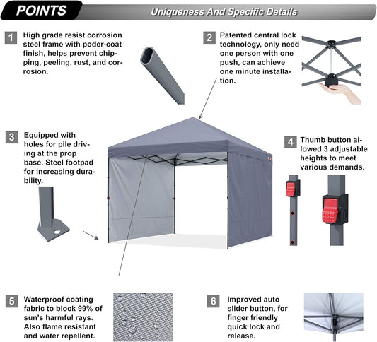 Easy Pop up Canopy Tent with 2 Sidewalls for Outdoor Sun Blocking or Rain Protection,10X10, Gray