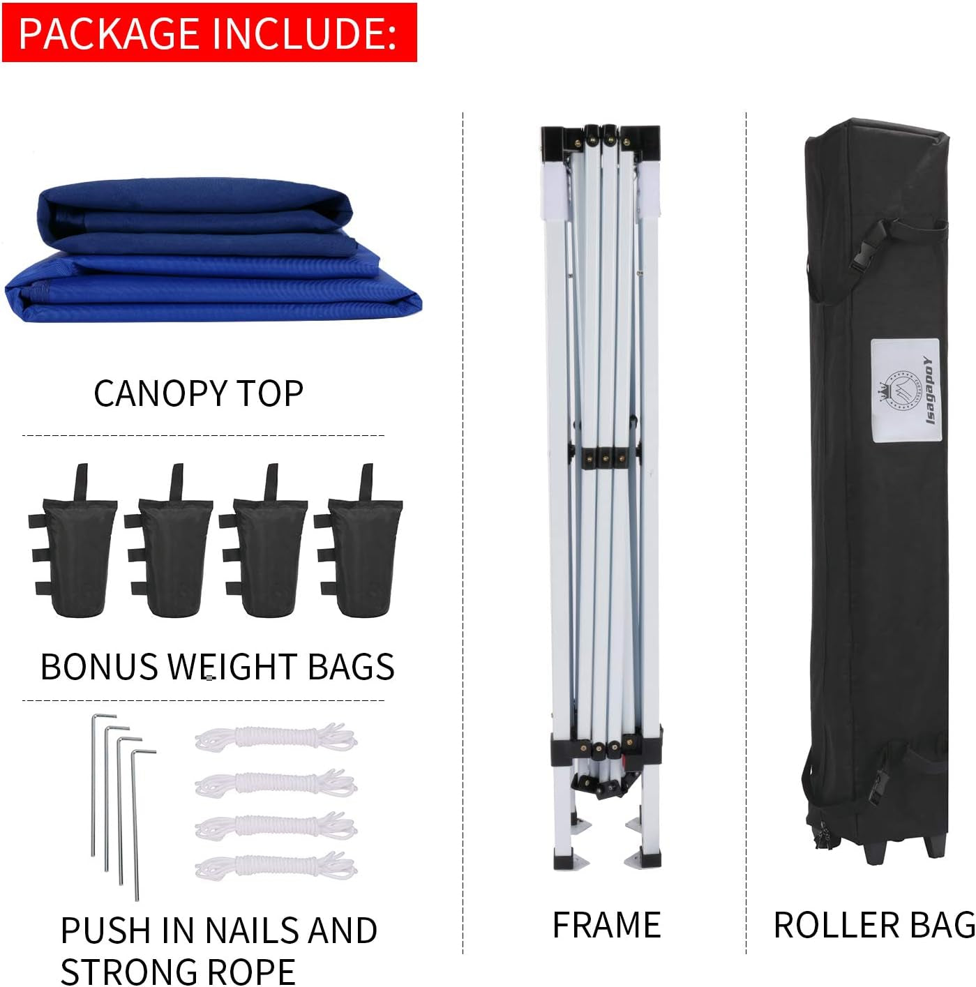 ISAGAPOY Pop up 10X10 Canopy Tent Compact Canopy, Portable Shade Instant Folding Better Air Circulation Canopy with Wheeled Bag X1 Sidewall X1 Canopy Sandbags X4 Tent Stakes X4 (Blue)